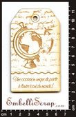 Embellissement Scrap Etiquette Mappemonde gravée, Personnalisée, en Carton bois