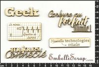 Embellissement Scrap Les Petits Mots du Geek, en Carton bois
