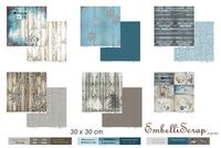 Embellissement Scrap Lot de 6 papiers 30 x 30 cm + Mots, Coll. Bleu d'Hiver