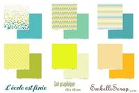 Embellissement Scrap Lot de 6 papiers 15 x 15 cm graphiques, Coll. L'école est finie